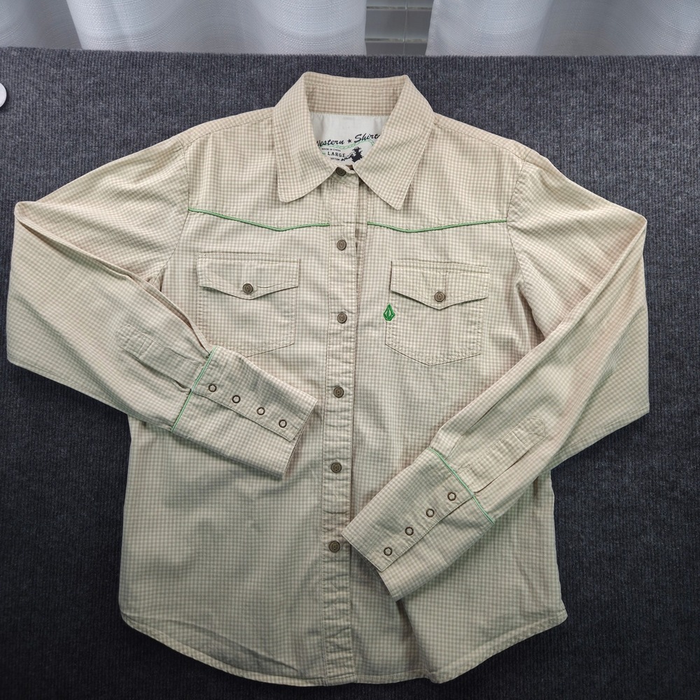 Volcom Western Shirt Womens Large Tan Gingham Pearl Snap Plaid Long Sleeve Top